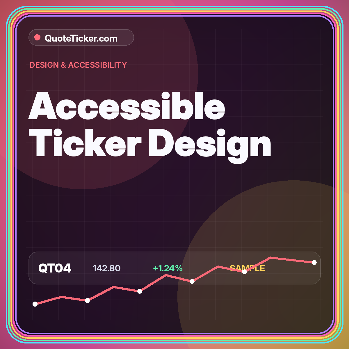 Neon typography card reading Accessible Scrolling Ticker with pause control symbol