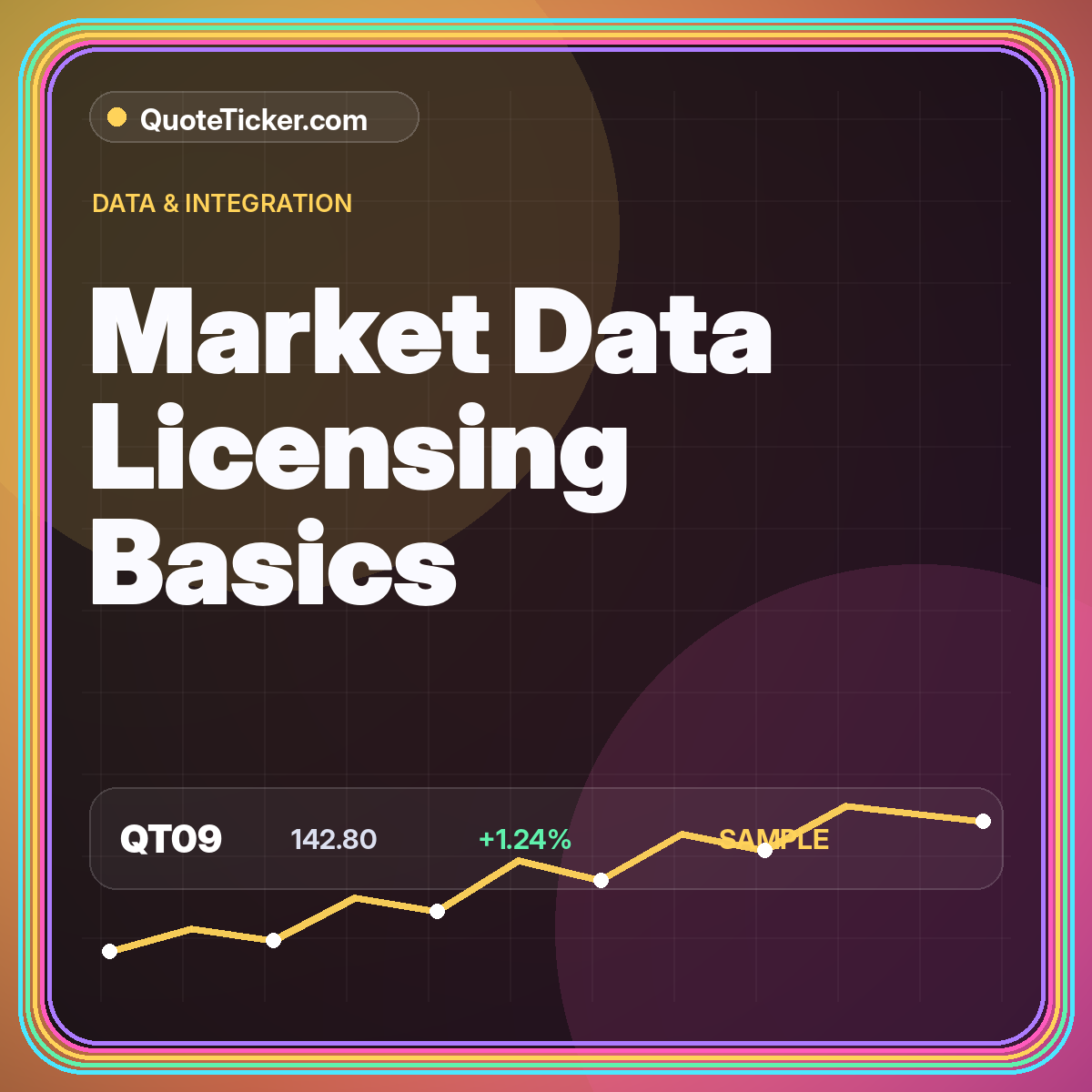 Neon typography card reading Market Data Licensing Basics with document and display icons