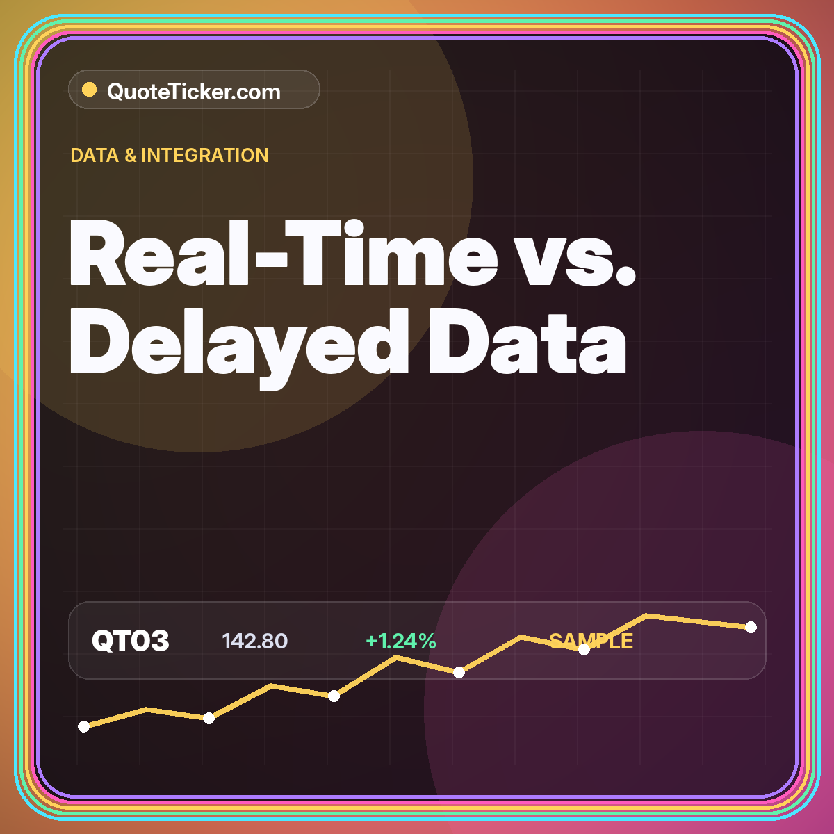 Neon typography card comparing real-time and delayed quote ticker data
