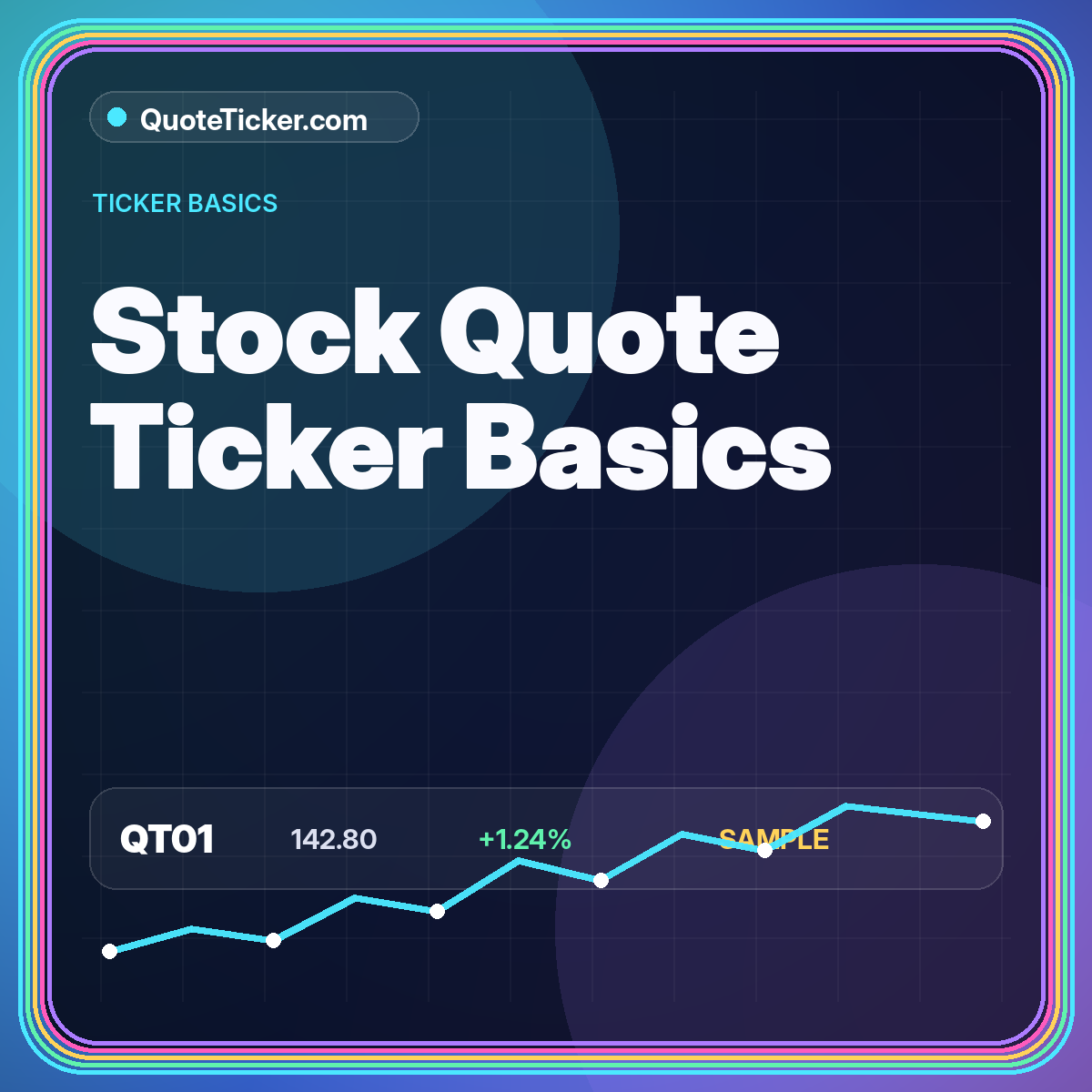 Neon typography card reading Stock Quote Ticker Basics with chart and ticker symbols